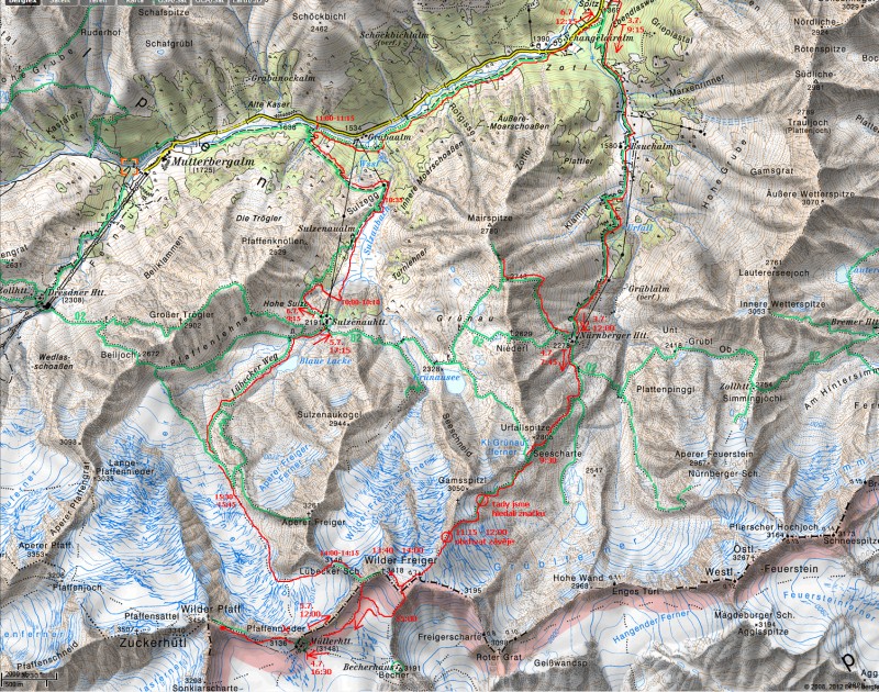Výřez mapy z Bergfexu s vyznačením naší trasy